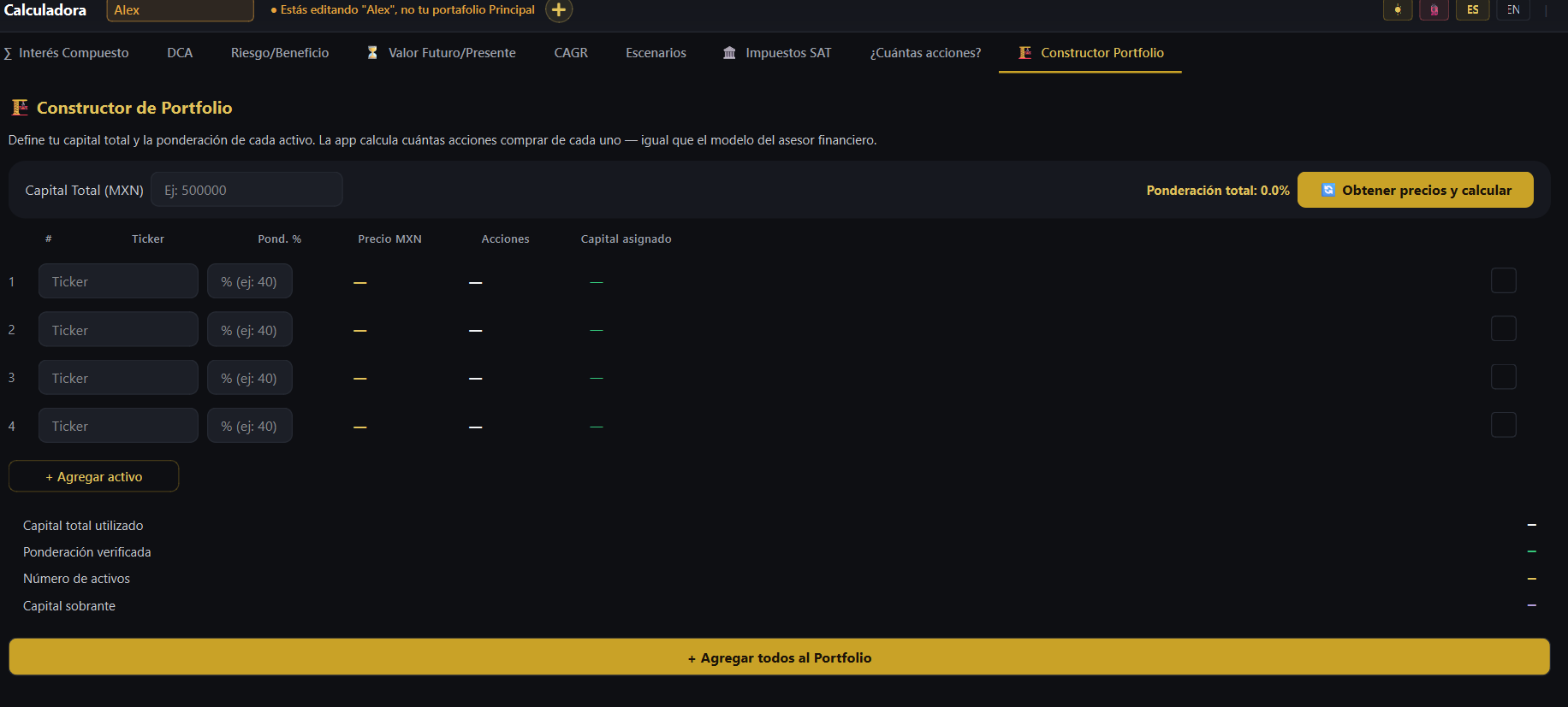 Constructor de portfolio en la Calculadora de Aurum Tracker