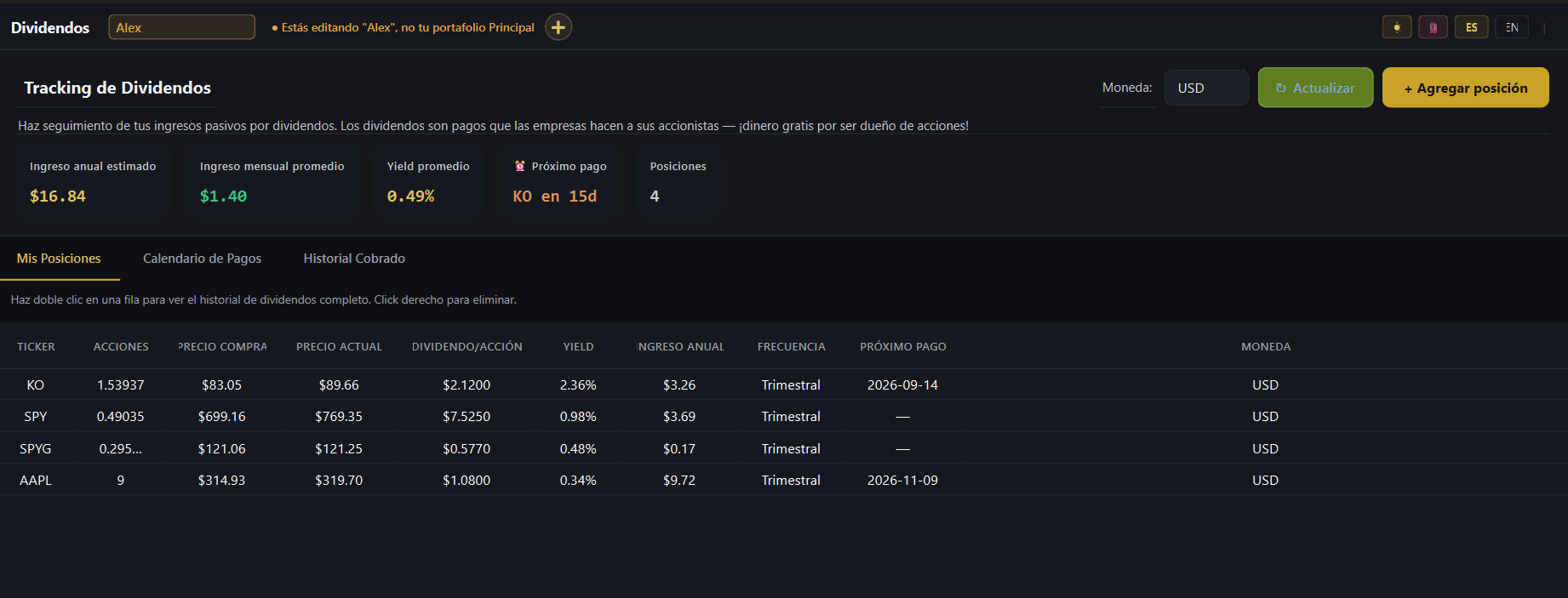 Tracking de dividendos de Aurum Tracker con yield e ingreso anual por posición